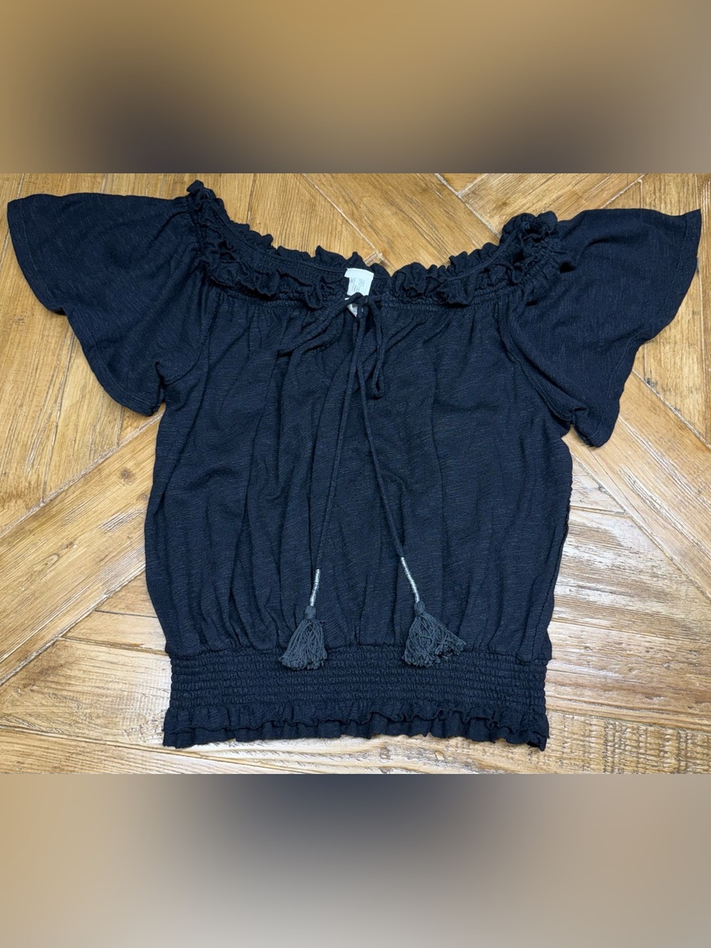 We The Free Free People Black Smocked Peasant Top Tassel Ties - Size S
